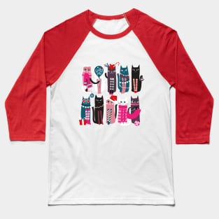 Feline Christmas vibes // print // pink background green fuchsia pink white and black kittens Baseball T-Shirt